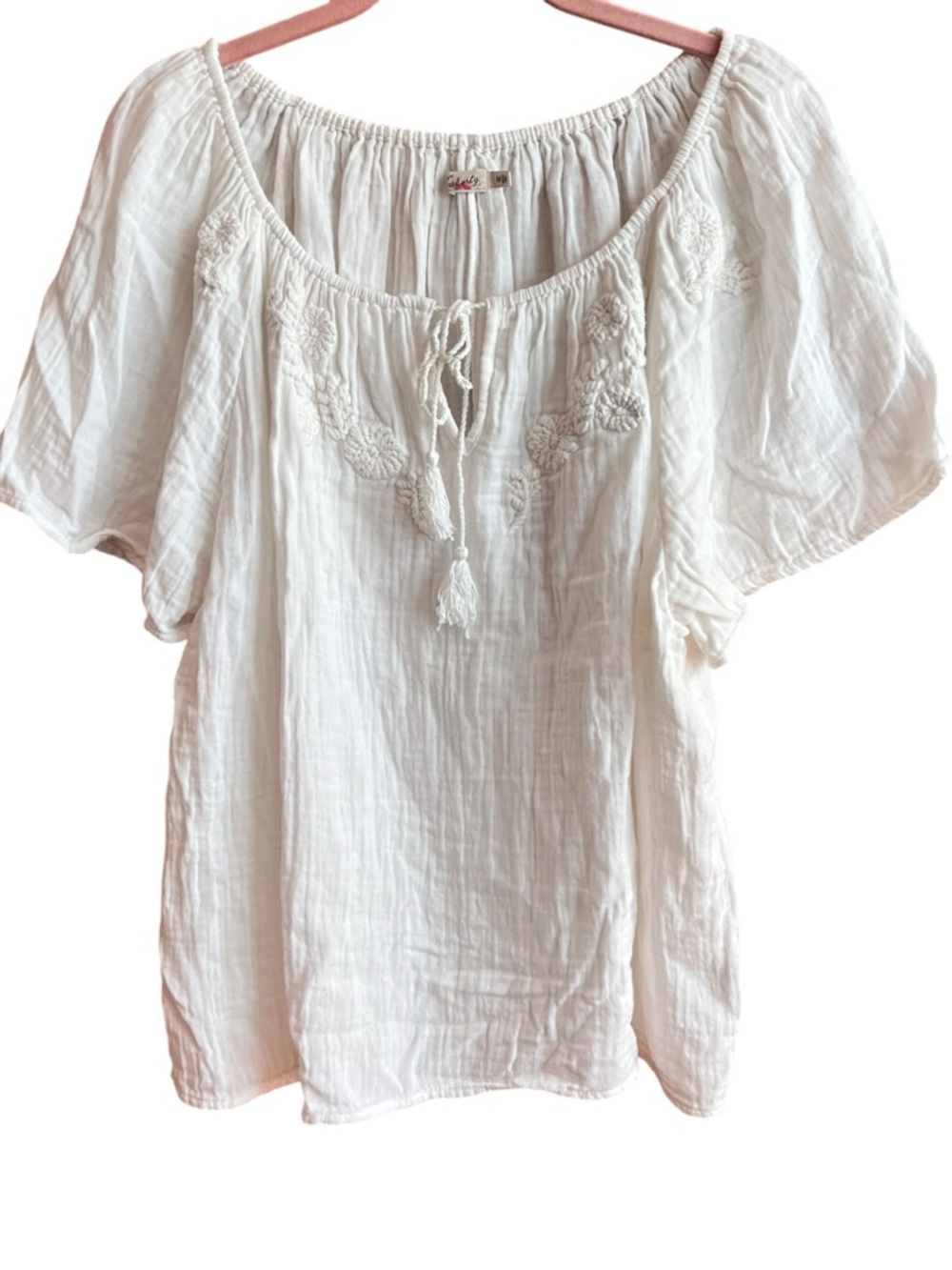 Faherty White Boho Peasant Top Organic Cotton Gauze Short Sleeve Cottagecore